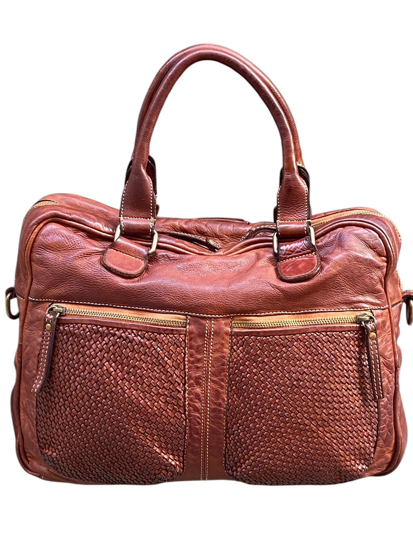 BAYSIDE Borsa a due manici in cuoio vintage con intreccio