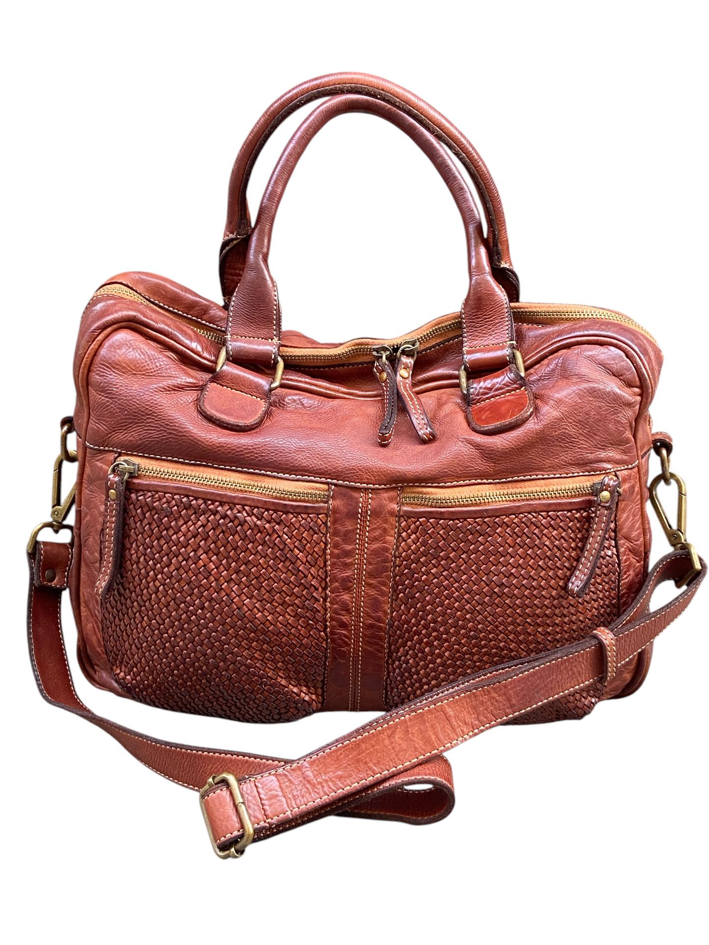 BAYSIDE Borsa a due manici in cuoio vintage con intreccio